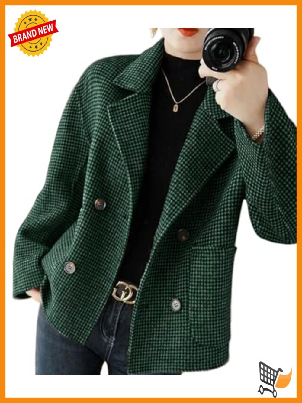 Women's Cropped Wool Pea Coat Houndstooth Short Blazer Jacket Lapel Button